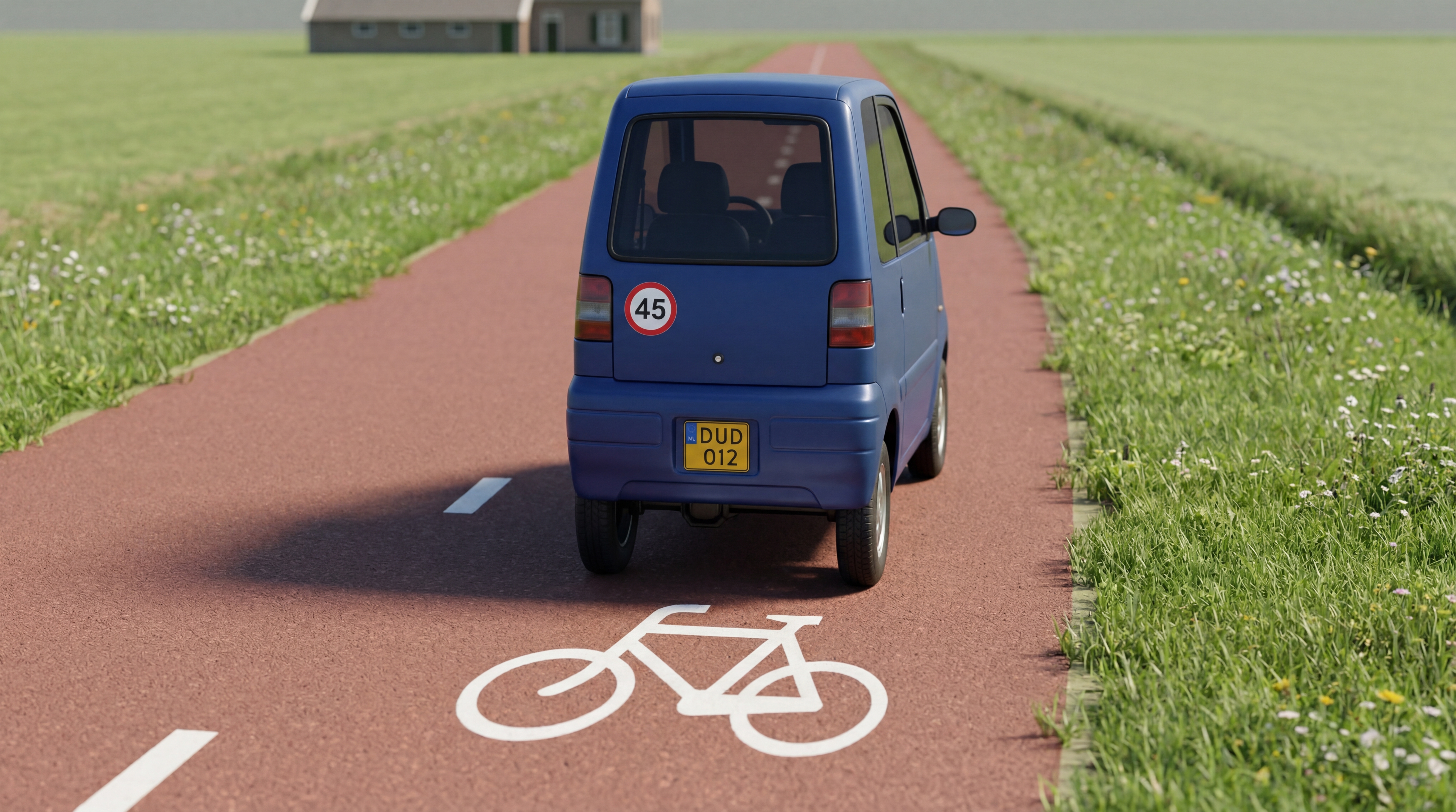 Brommobiel (microcar) on Dutch bicycle path — rear view showing yellow plate and 45 km/h marking