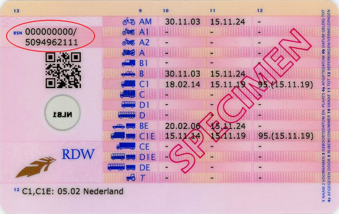Dutch driving licence showing all vehicle categories