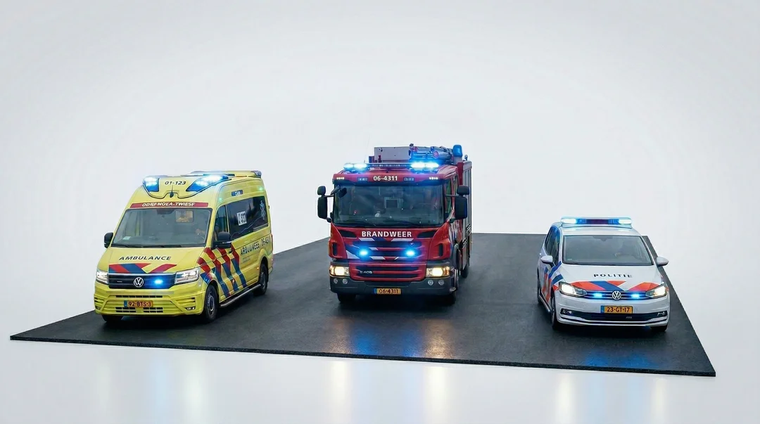 Dutch priority vehicles — ambulance, brandweer, and politie with blue lights
