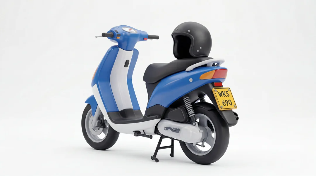 Moped (bromfiets) with yellow licence plate and helmet