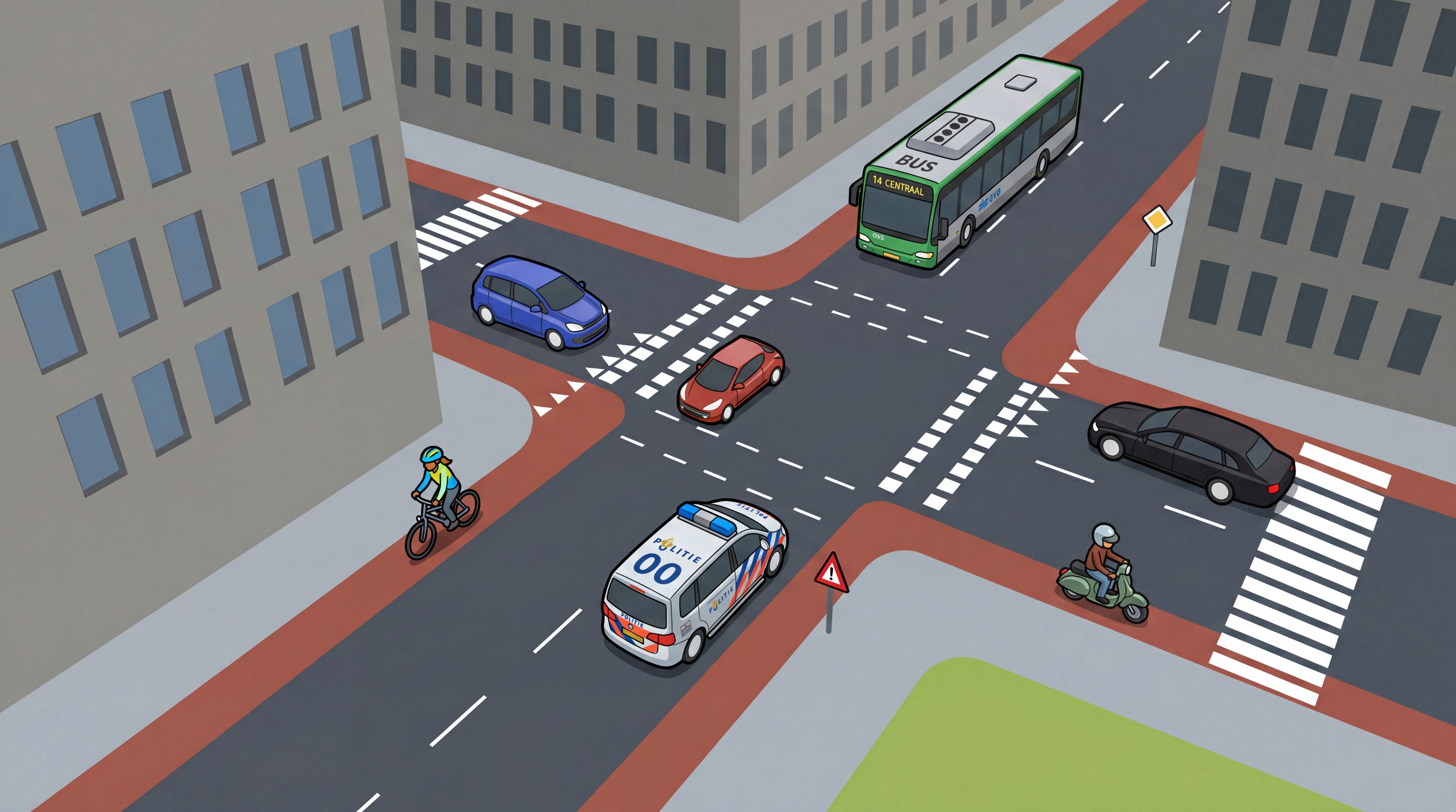 Intersection showing multiple road user types — cars, bus, cyclist, moped, police car