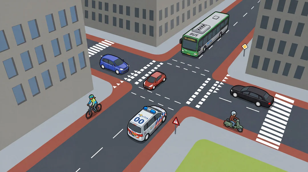 Intersection showing multiple road user types — cars, bus, cyclist, moped, police car