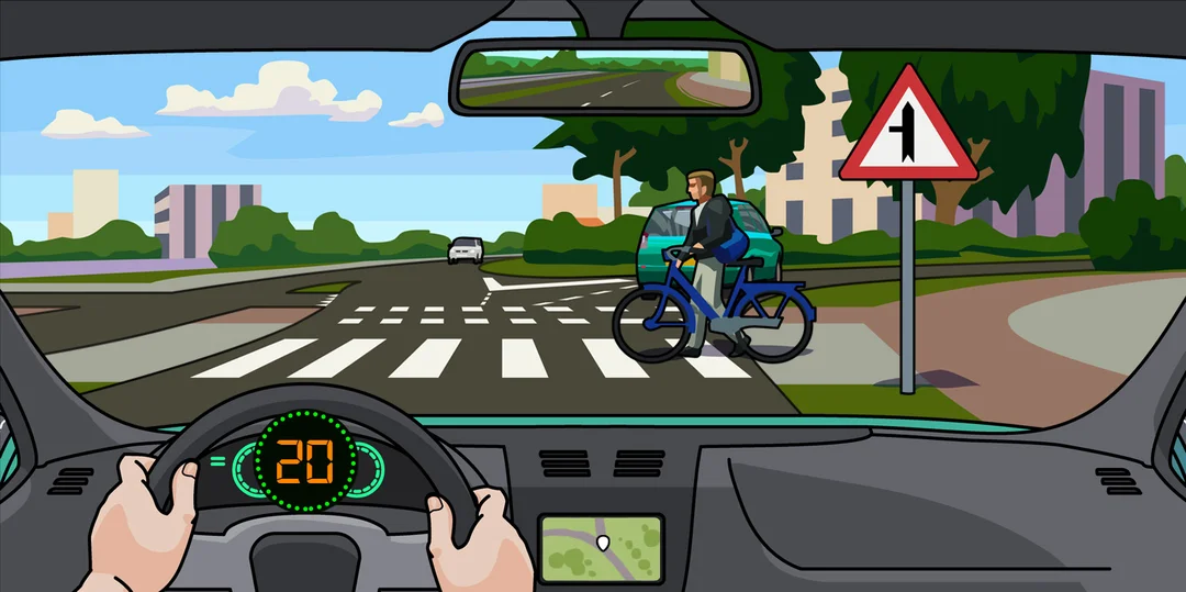 Cyclist approaching a zebra crossing — at 20 km/h, you need to brake immediately