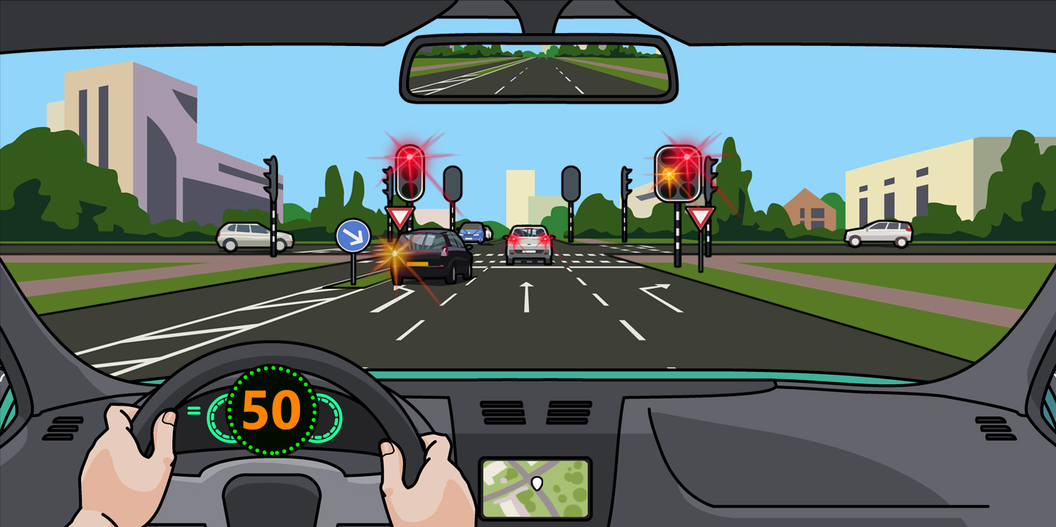 Hazard perception dashboard view — a typical question showing speed, mirrors, and the road ahead