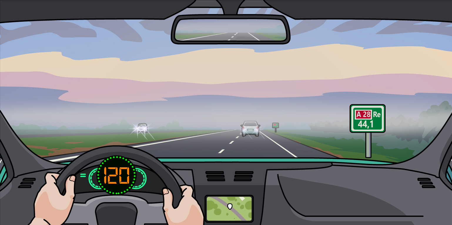 Rijden met 120 km/u in dichte mist β veel te snel voor het beperkte zicht
