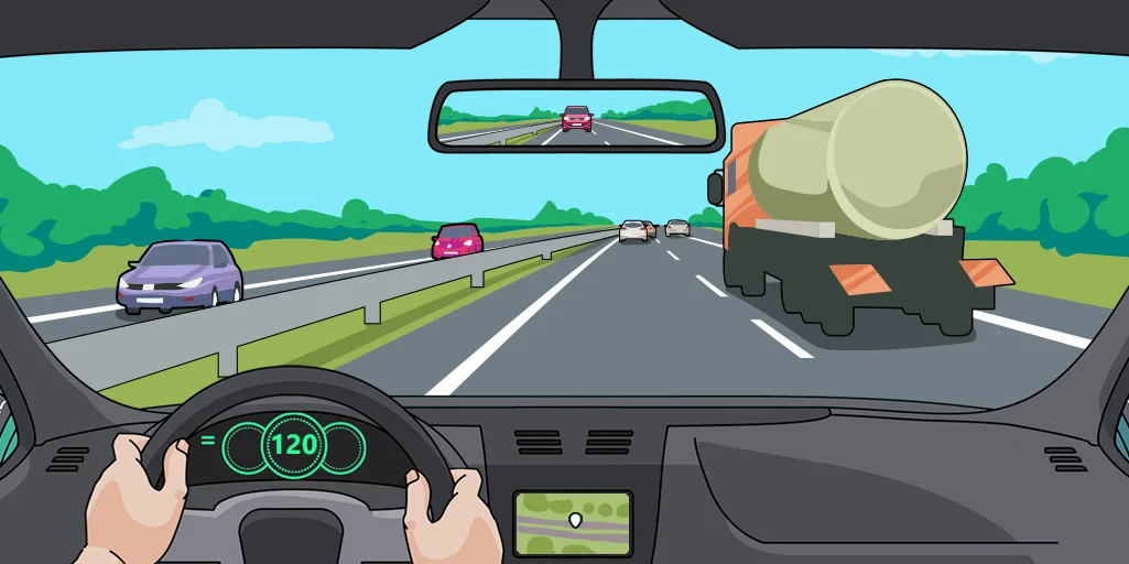 Controleer je binnenspiegel voordat je terugkeert naar je rijstrook β snelweg