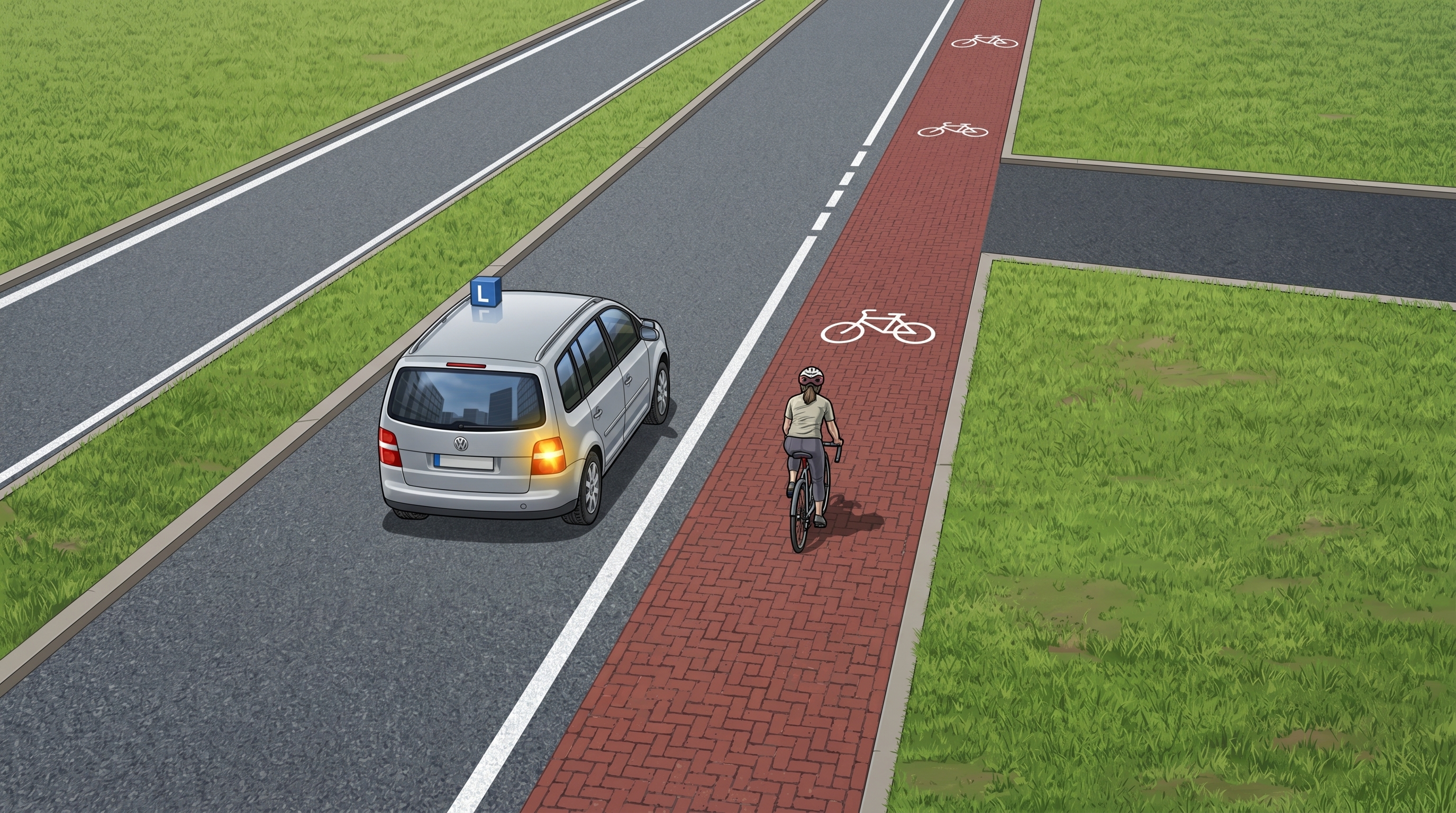 Rechts afslaan — sorteer voor náást een fietsstrook met doorgetrokken streep, niet erop