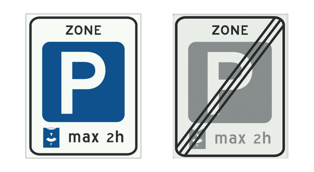 E10 parking disc zone — start and end signs
