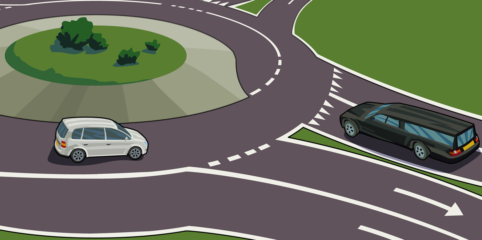 Rotonde met twee auto's — rij een extra rondje om een voorrangsvoertuig door te laten