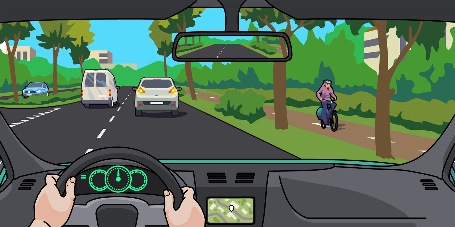 Weg met bomen langs de kant — bij snelheid de berm inrijden is gevaarlijk