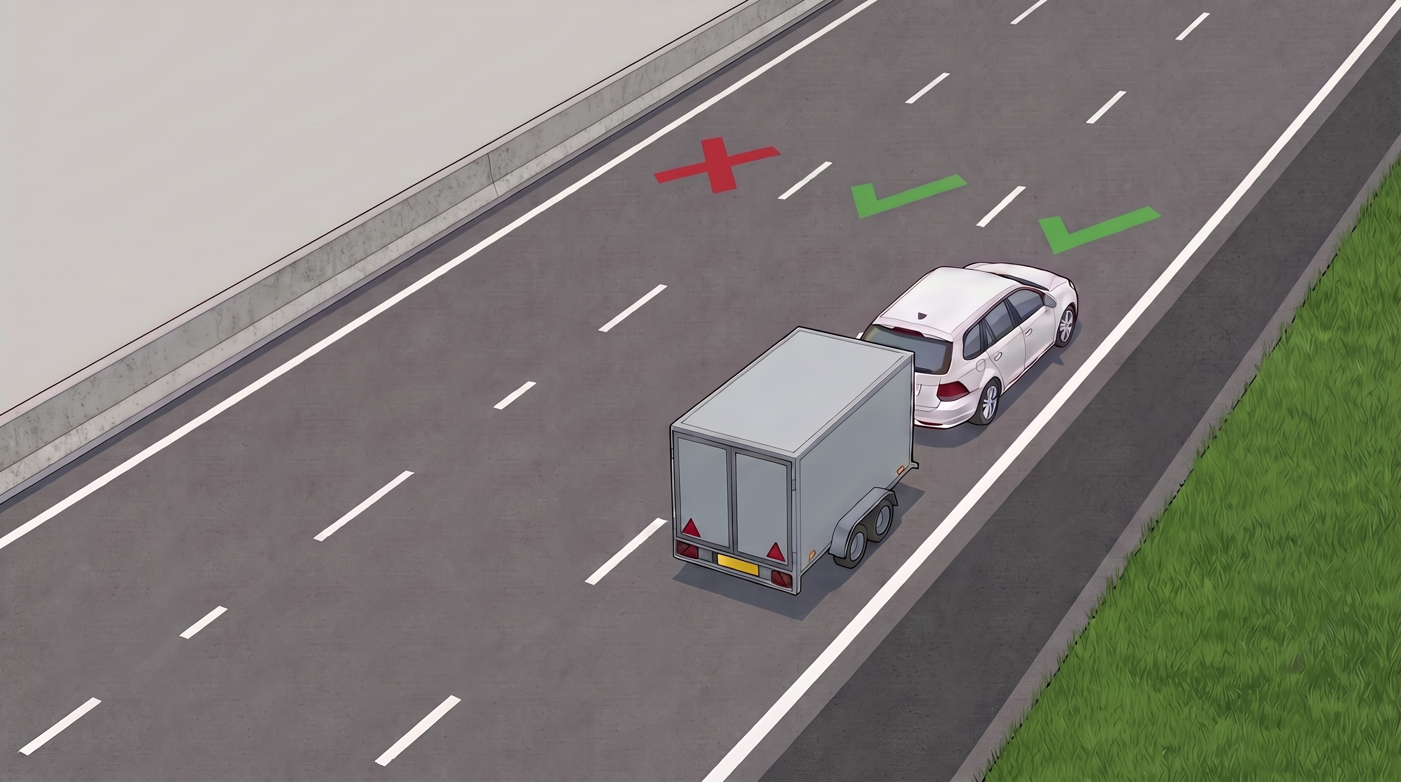 Infographic van een auto met gesloten aanhangwagen op een driestrooks autosnelweg, gezien van schuin achterboven: groene vinkjes op de twee rechter rijstroken, een rood kruis op de linker rijstrook naast de middenberm