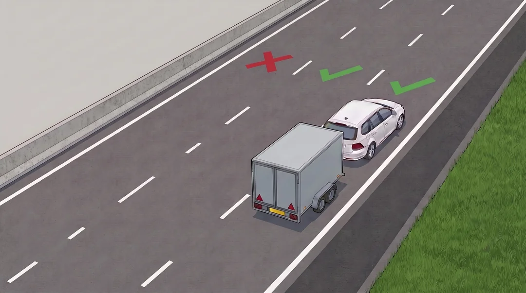 Infographic van een auto met gesloten aanhangwagen op een driestrooks autosnelweg, gezien van schuin achterboven: groene vinkjes op de twee rechter rijstroken, een rood kruis op de linker rijstrook naast de middenberm