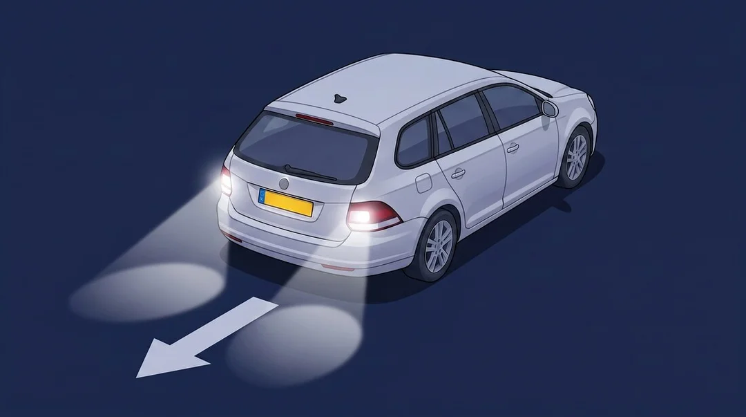 Nachtinfographic: witte achteruitrijlichten branden aan de achterkant van een auto met een pijl naar achteren tegen een donkere achtergrond, ten teken dat de auto achteruit gaat rijden