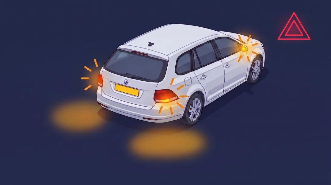 Nachtinfographic: auto schuin van achteren met de alarmlichten aan — de ambergele richtingaanwijzers op beide achterhoeken en de buitenspiegel knipperen tegelijk fel — met het rode alarmlichten-dashboardsymbool in de hoek