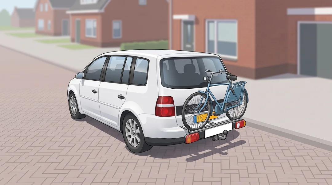 Bicycle carrier fitted with a white licence plate