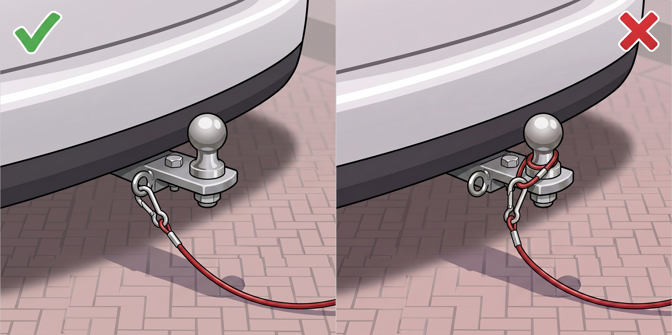 Comparison of correct and incorrect breakaway cable attachment: correct to the tow bar's dedicated eyelet, wrong looped around the ball coupling head