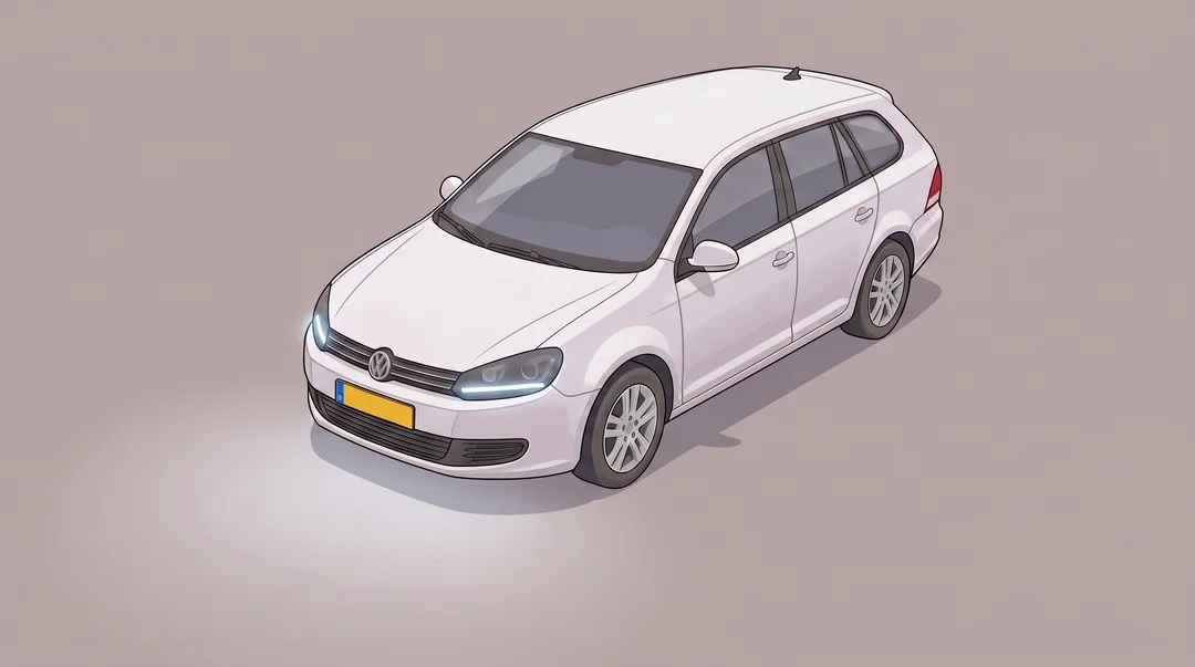 Vooraanzicht van een moderne witte auto met dagrijverlichting aan: een dunne witte led-strip brandt in elke koplamp terwijl de koplampen zelf uit blijven