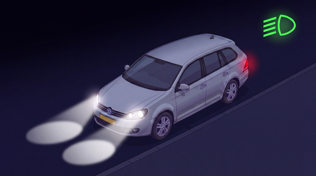 Nachtinfographic: een auto rijdt op een donkere weg met dimlicht aan, twee korte naar beneden gerichte lichtbundels vormen een lichtvlek op de weg vlak voor de auto, met het groene dimlicht-dashboardsymbool rechtsboven