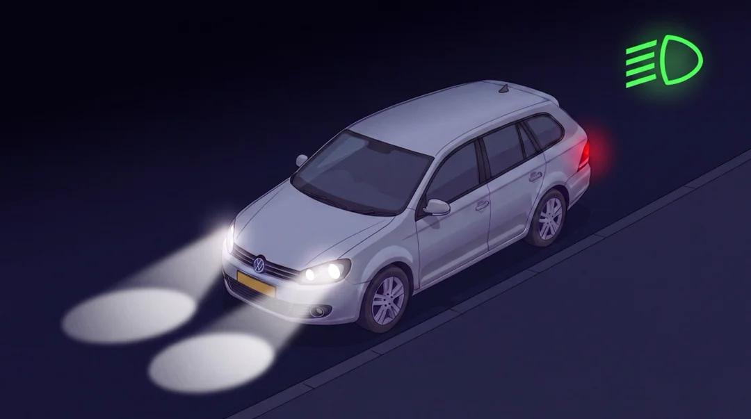 Nachtinfographic: een auto rijdt op een donkere weg met dimlicht aan, twee korte naar beneden gerichte lichtbundels vormen een lichtvlek op de weg vlak voor de auto, met het groene dimlicht-dashboardsymbool rechtsboven