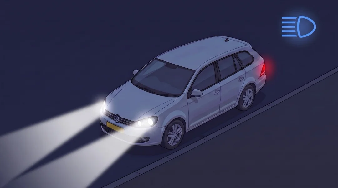 Nachtinfographic: een auto rijdt op een donkere weg met groot licht aan, twee felle lichtbundels verlichten de weg ver vooruit, met het blauwe grootlicht-dashboardsymbool rechtsboven