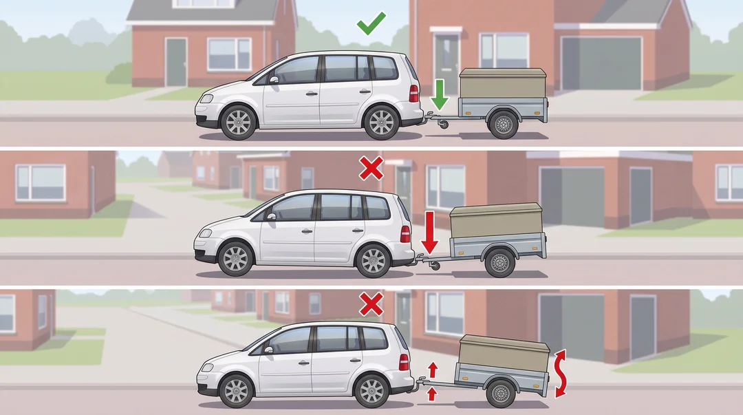 Drie beladingssituaties van een aanhangwagen: juiste kogeldruk, te hoge kogeldruk en te lage kogeldruk, met pijlen die de kracht op de trekhaakkogel aangeven