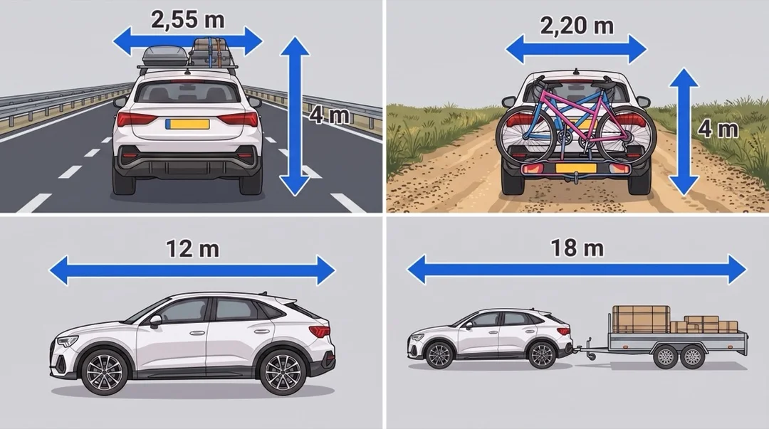 Infographic van maximaal toegestane voertuigafmetingen inclusief lading: auto met daklading op de autosnelweg 2,55 m breed en 4 m hoog, auto op onverharde weg 2,20 m breed, 12 m lang, 18 m met aanhangwagen