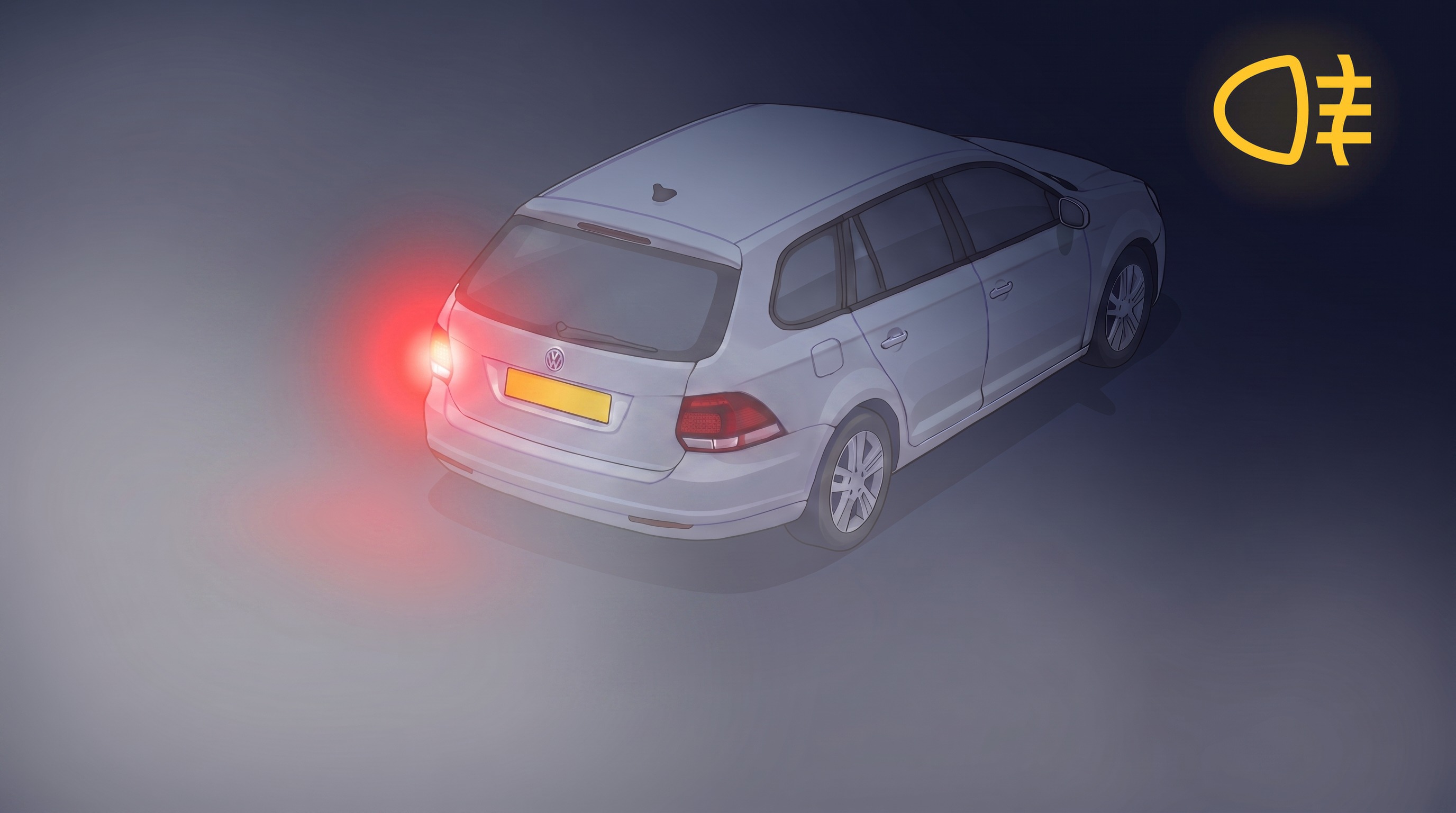 Nachtinfographic: auto van achteren in dichte mist met het mistachterlicht aan — één extreem fel rood mistachterlicht links dat door de mist straalt naast het zachte gewone achterlicht — met het gele dashboardsymbool voor mistachterlicht in de hoek