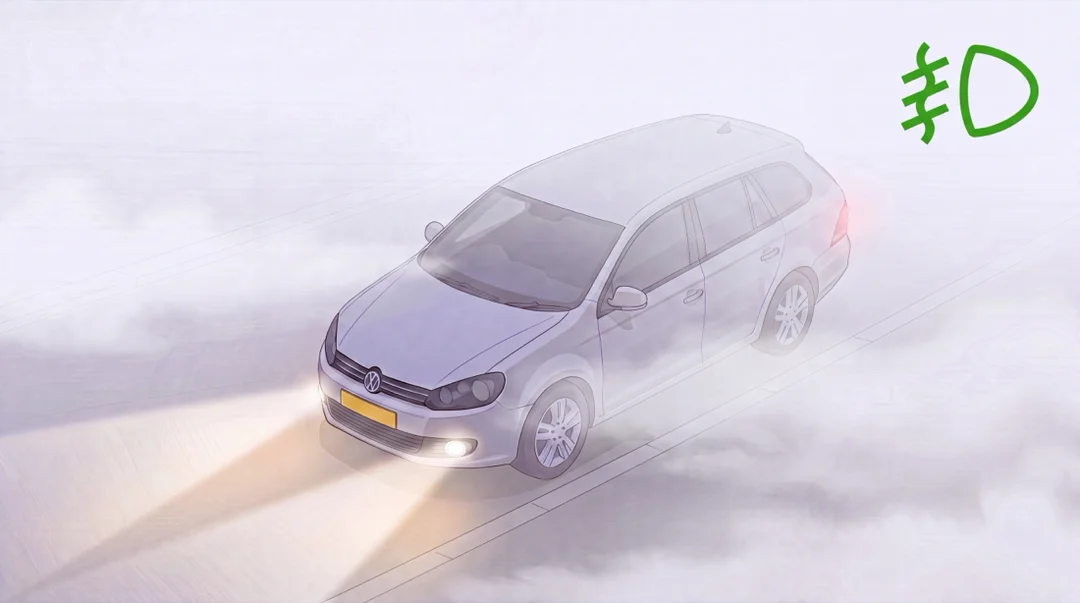 Infographic van een auto in dichte mist met mistvoorlichten aan: witte mistbanken omhullen de achterkant van de auto, terwijl twee lage brede warme lichtbundels vlak voor de bumper door de mist schijnen, met het groene mistvoorlicht-dashboardsymbool rechtsboven
