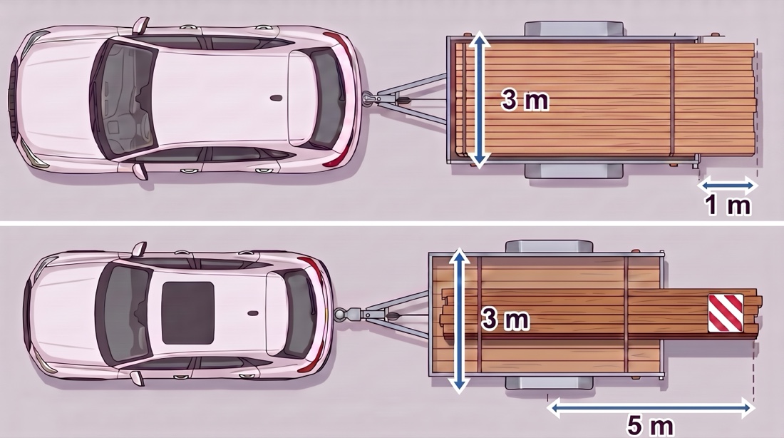 Two-row diagram of trailer load overhang rules: maximum 3 m total width, divisible load maximum 1 m beyond the trailer rear, indivisible load up to 5 m behind the rear axle with a red-and-white marker board; both rows show the same ball coupling between car and trailer