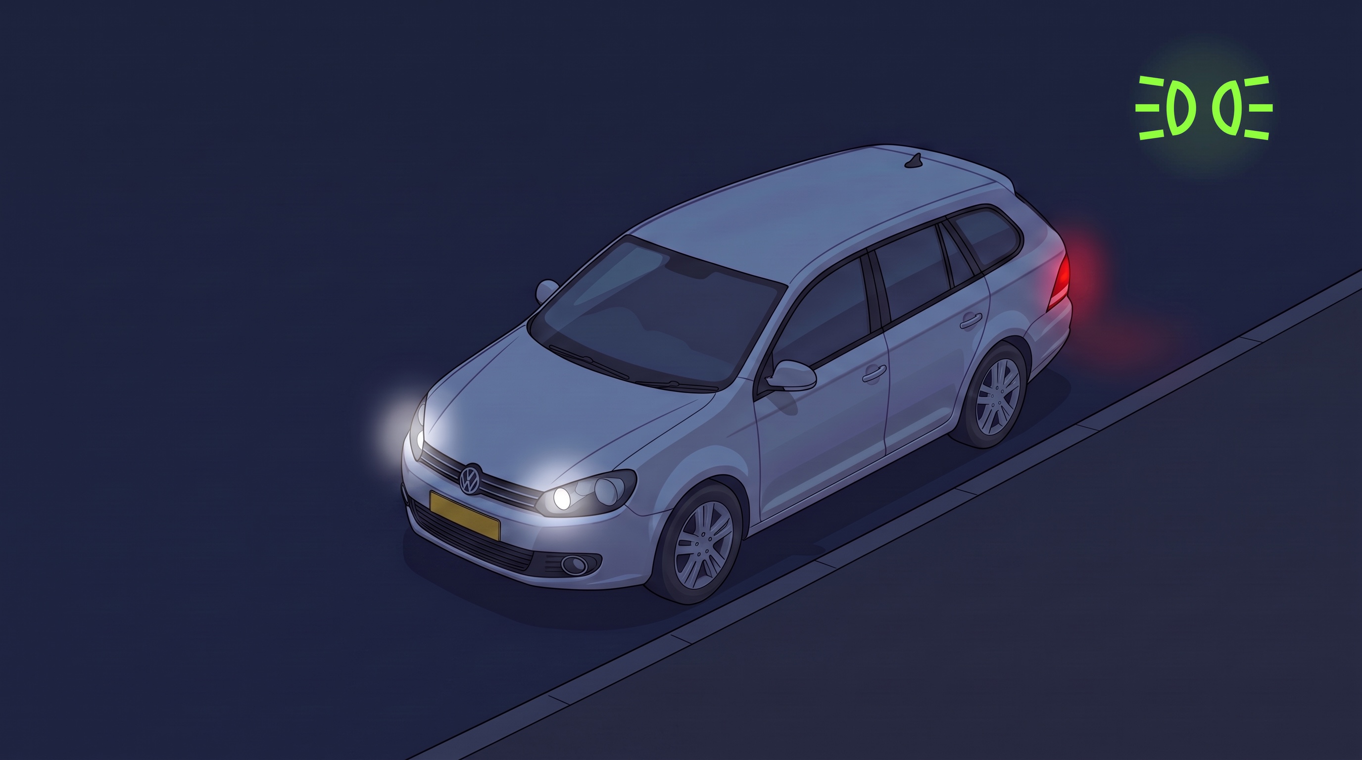 Night infographic: a car parked at the kerb in darkness with its side lights on — white front position lights and red rear light glowing softly — with the green parking lights dashboard symbol in the corner