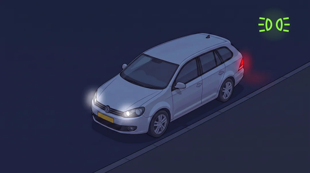 Nachtinfographic: een auto geparkeerd langs de stoeprand in het donker met stadslicht aan — witte lichten aan de voorkant en zacht rood achterlicht — met het groene parkeerlicht-dashboardsymbool in de hoek