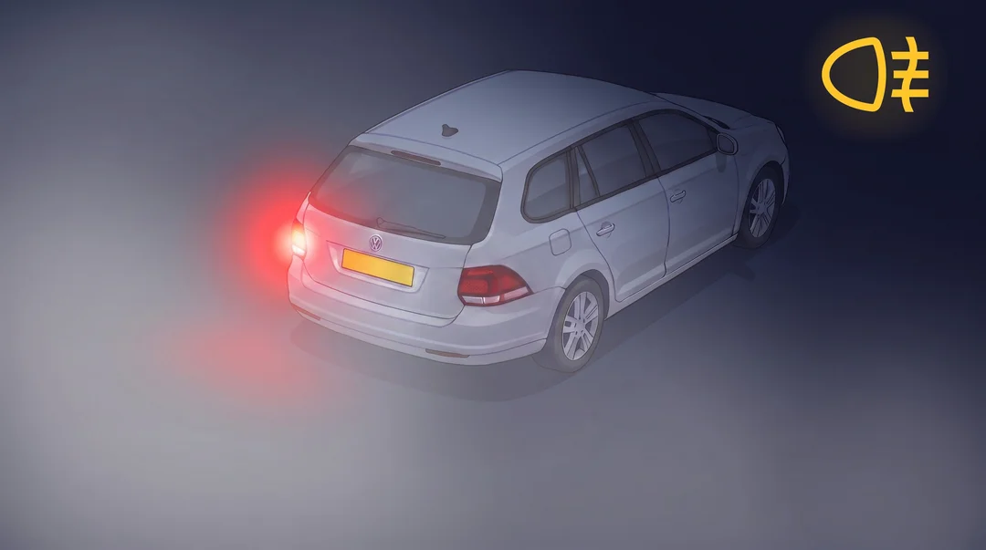 Night infographic: rear three-quarter view of a car in dense fog with its rear fog light on — a single, extremely bright red fog lamp on the left blazing through the fog beside the soft normal rear light — with the amber rear fog light dashboard symbol in the corner