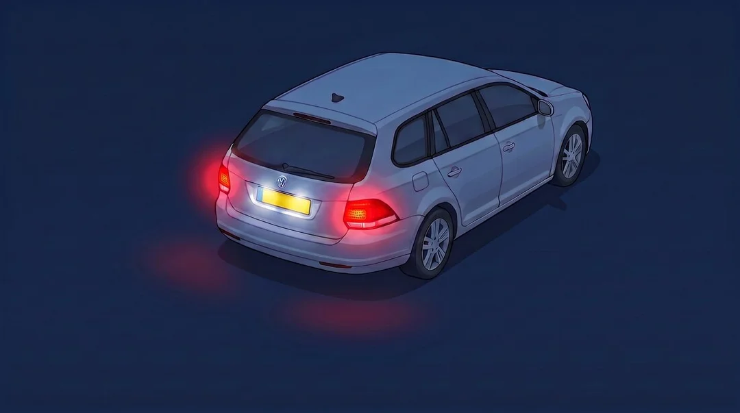 Night infographic: rear view of a car with glowing red rear lights and a brightly illuminated number plate on a dark background
