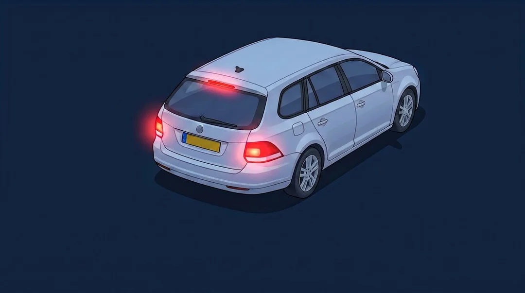 Nachtinfographic: remmende auto bij nacht met beide remlichten en het hoge derde remlicht felrood brandend tegen een donkere achtergrond