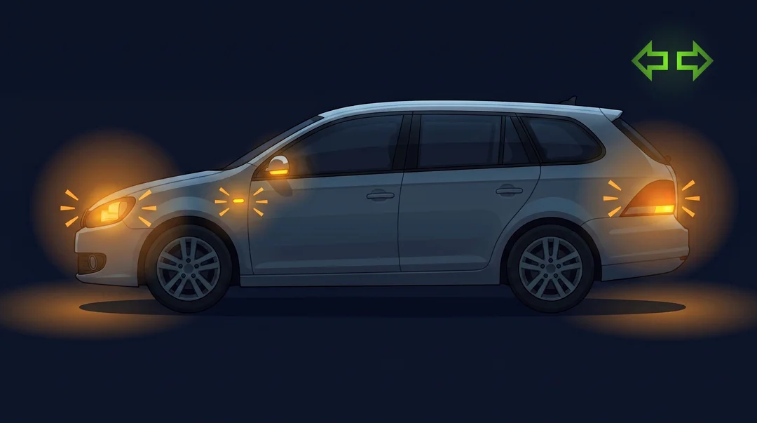 Nachtinfographic: zijaanzicht van een auto met de ambergele richtingaanwijzers fel knipperend aan de voorkant, op de spiegel en het spatbord, en aan de achterkant — het knipperlicht is ook vanaf de zijkant zichtbaar — met het groene richtingaanwijzer-dashboardsymbool in de hoek