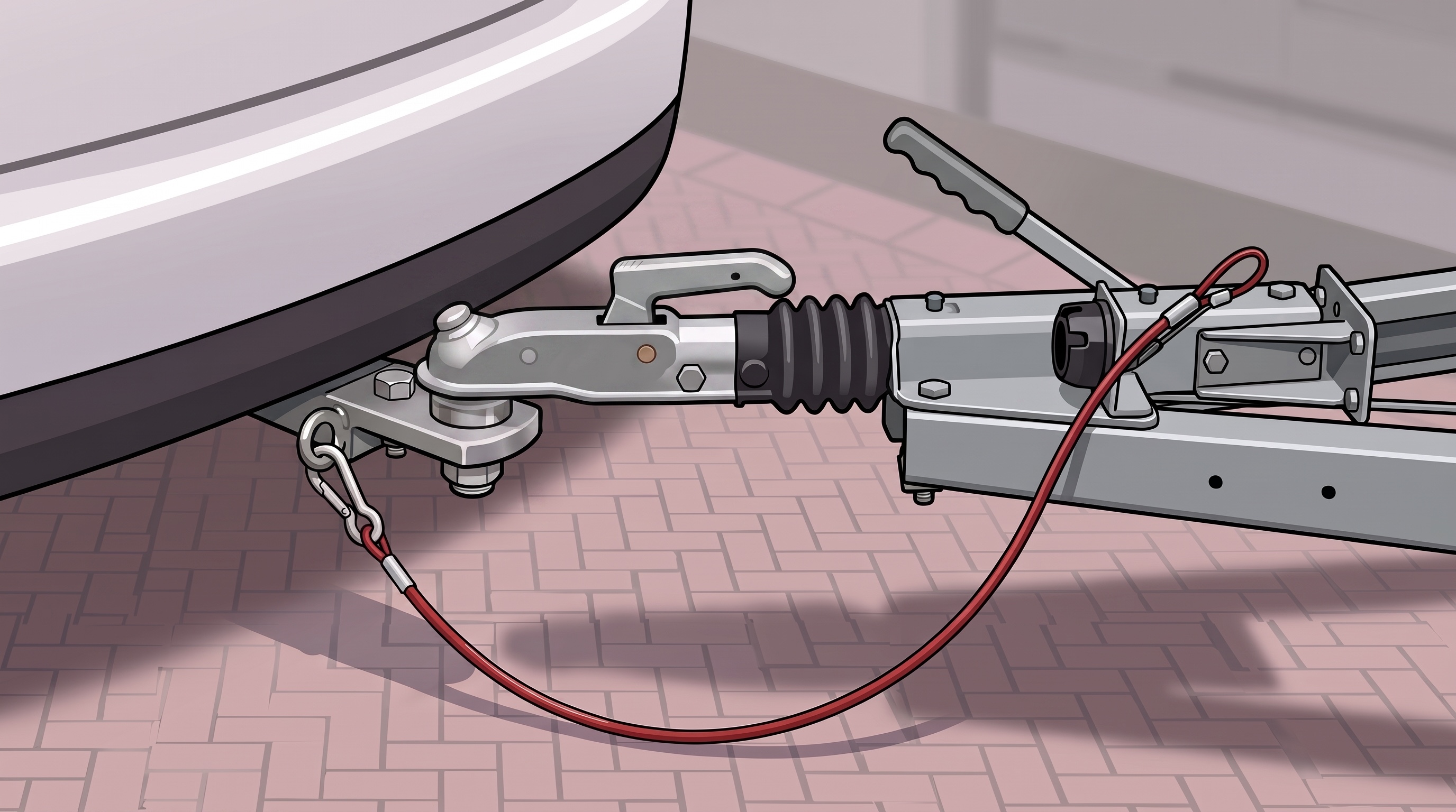 Trailer coupled onto the tow ball, with the breakaway cable clipped directly to the dedicated hole in the tow bar bracket rather than the tow ball