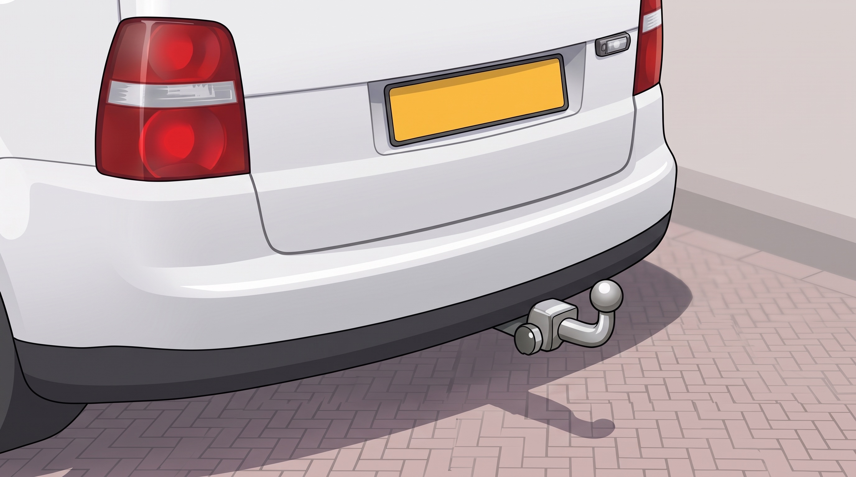 Close-up van een trekhaak met kogelkoppeling achter op een auto, met de kentekenplaat goed zichtbaar