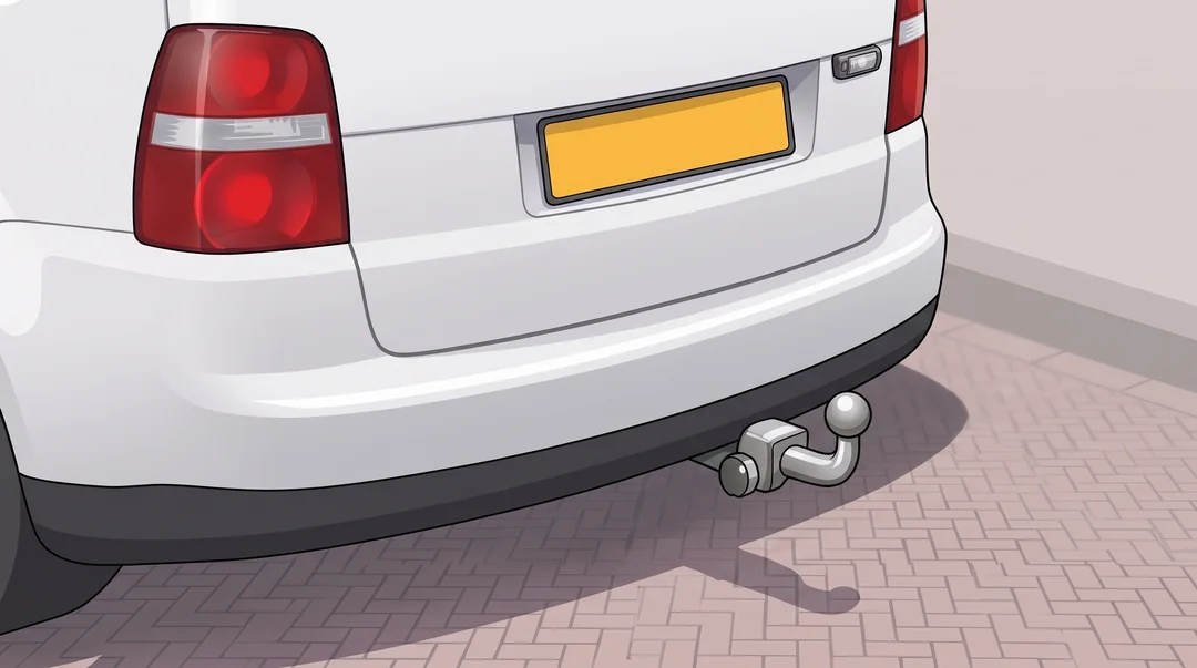 Close-up van een trekhaak met kogelkoppeling achter op een auto, met de kentekenplaat goed zichtbaar
