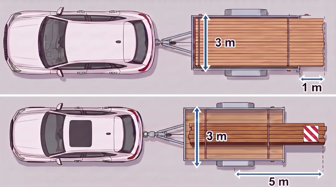 Schema in twee rijen van de uitsteekregels voor lading op een aanhangwagen: maximaal 3 m totale breedte, deelbare lading maximaal 1 m achter de aanhangwagen, ondeelbare lading tot 5 m achter de achterste as met een rood-wit markeringsbord; beide rijen tonen dezelfde kogelkoppeling tussen auto en aanhangwagen