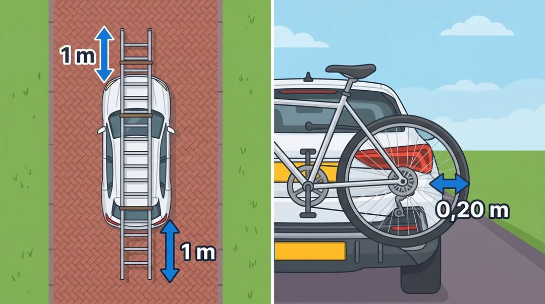 Infographic van toegestane uitstekende lading op een personenauto: bovenaanzicht van een auto met een dakladder die 1 m voor en 1 m achter uitsteekt, en een close-up van een fiets op een achterdrager die 0,20 m buiten de zijkant van de auto uitsteekt